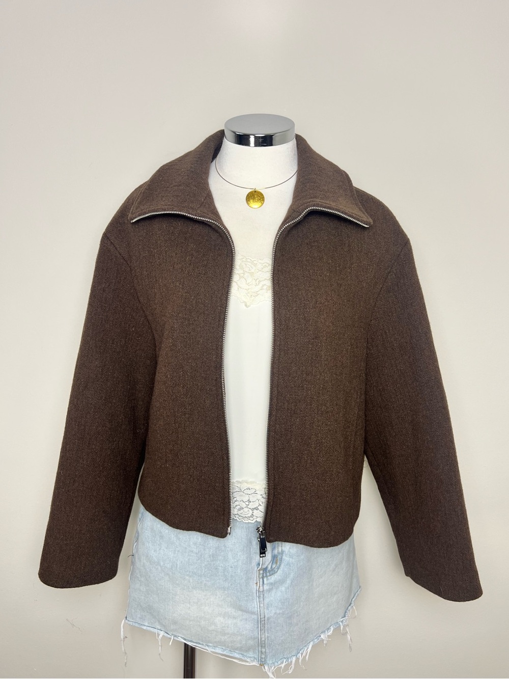 Massimo Dutti Brown Cropped Zip Jacket Women S NWT Boxy Oversized Collar - Picture 3 of 11